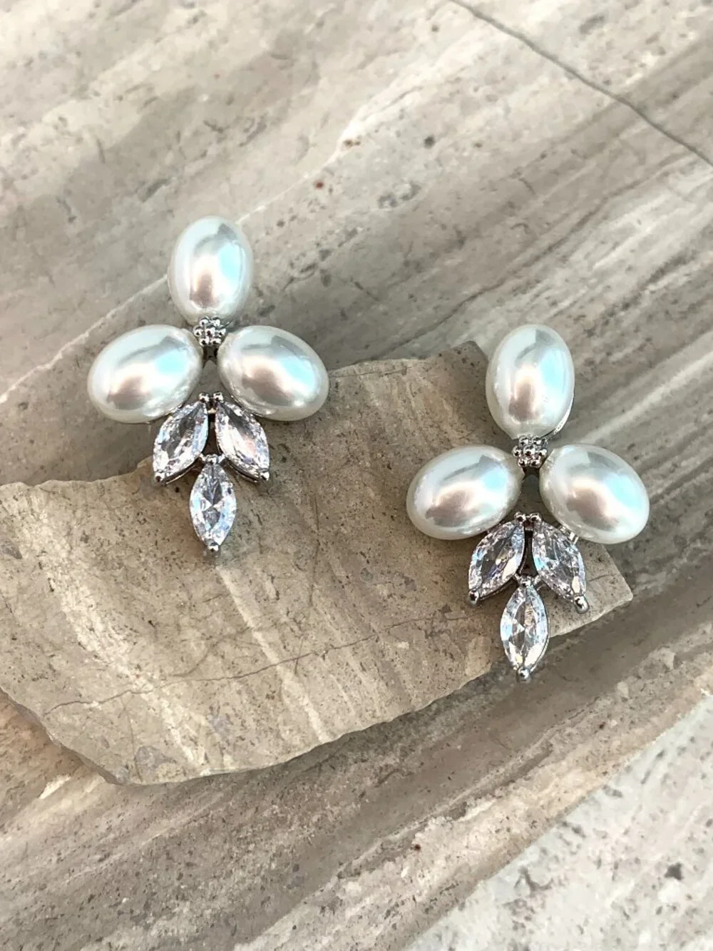 NEW~ Anthropologie, BHLDN, Triple Pearl & Marquise Crystal Cluster Stud Earrings
